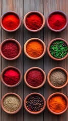 collection of vibrant red spices in small bowls arranged artistically