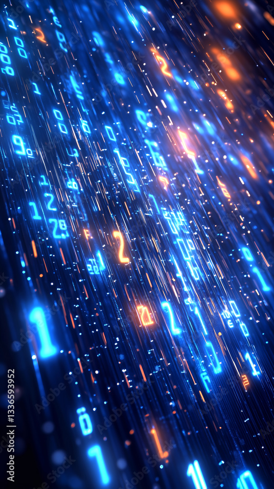 Wall mural this visual displays a cascade of luminous numbers in various shades of blue and orange, creating a 