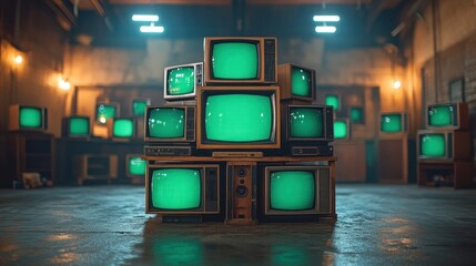 Vintage Televisions Stacked in a Retro Setting