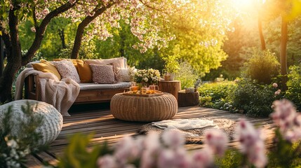 A charming wooden terrace, furnished with comfortable cushions and blankets, creates a wonderful atmosphere for a sunny spring evening surrounded by a garden of flowering trees. Romantic spring atmosp
