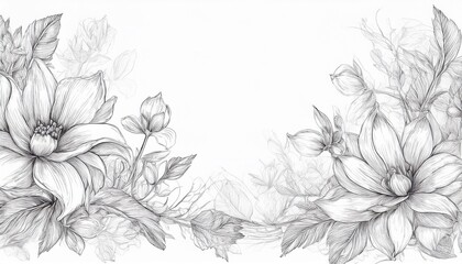 Fototapeta premium Elegant pencil sketch floral border with soft, subtle lines. Delicate flowers and leaves intertwine gracefully on a pure white background. 