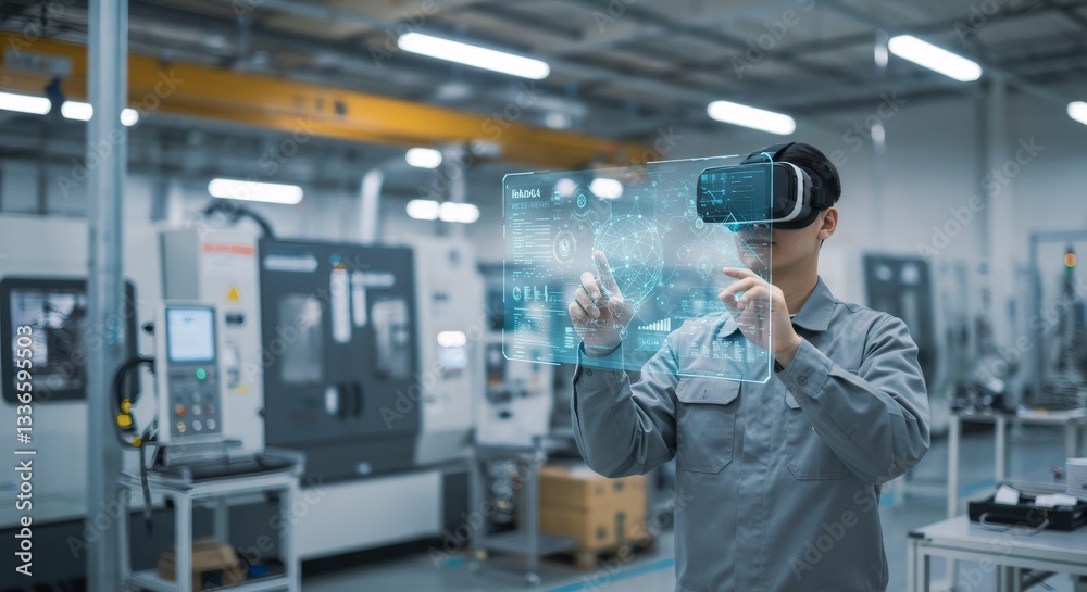 Poster man using vr headset for data analysis in modern factory. engineer interacting with holographic inte