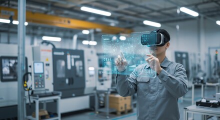 Man using VR headset for data analysis in modern factory. Engineer interacting with holographic interface. Smart manufacturing and Industry 4.0 concept.
