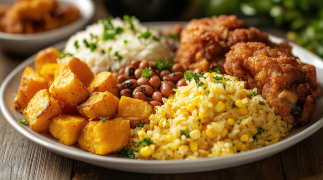 Traditional Juneteenth soul food plate with fried chicken, seasoned rice, beans, sweet potatoes, and corn, celebrating African American culture and freedom holiday, vibrant and festive meal