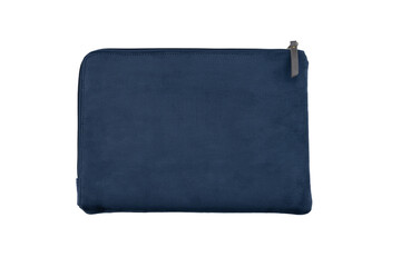 Blue modern computer bag, case with open zipper on white background, laptop sleeve
