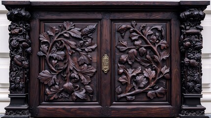 Intricate carved dark wood cabinet doors with floral patterns.