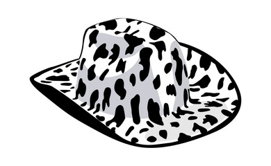 Cowboy hat decorated with cow pattern print. Cowgirl western fashion element. Wild west concept. Black monochrome Vector illustration isolated on white background.