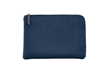Blue laptop case, modern computer bag, zipper pouch on white background