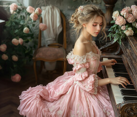 Elegant Woman in Victorian Dress Playing the Piano AI Generated