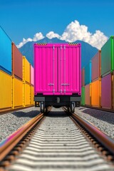 Obraz premium Vibrant Shipping Containers on Railroad with Mountain Backdrop in Sunny Daylight