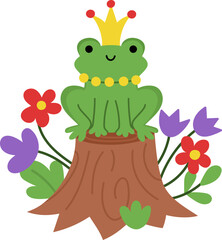 Vector frog prince or princess icon. Magic creature clipart. Cute fairytale character. Woodland fantasy animal with crown on head sitting on stump. Forest fairy tale illustration isolated on white