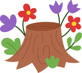 Vector tree stump icon decorated with wild flowers. Magic object clipart. Woodland fantasy plant. Forest fairy tale illustration isolated on white background