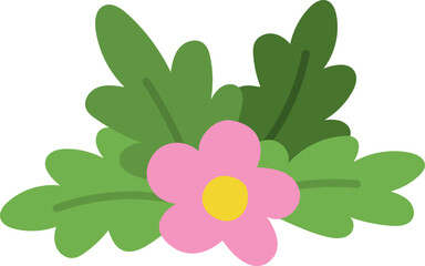 Vector cartoon flower clipart. Woodland or garden decorative plant icon isolated on white background. Forest nature pink bloom with green leaves illustration. Simple abstract floral picture