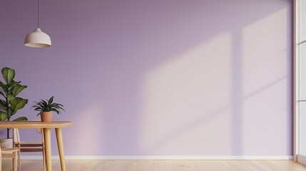 Empty room with a wooden floor and a large window on the right side. the walls are painted in a soft purple color and there is a white pendant light hanging from the ceiling.