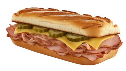 A Cuban sandwich with roasted pork, ham, Swiss cheese, pickles, and mustard on pressed bread