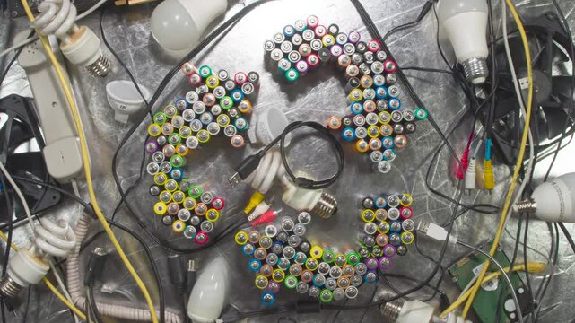 Collection of Electronic Components for Recycling. HD Loop. The recycling symbol is made up of old AA batteries. It spins slowly among power supplies, cords, discharge lamps and LED lamps