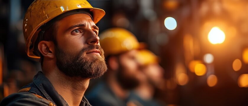 Focused Industrial Worker in Safety Gear Amidst Blurred Background of Construction Lights
