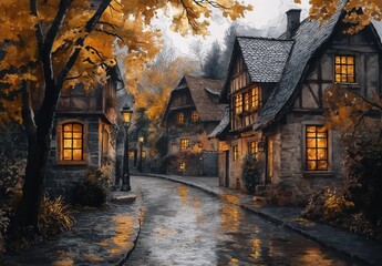 Old town with cobblestone street on a rainy autumn day.