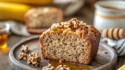 Delicious slice of homemade banana bread with walnuts and drizzled honey on wood plate