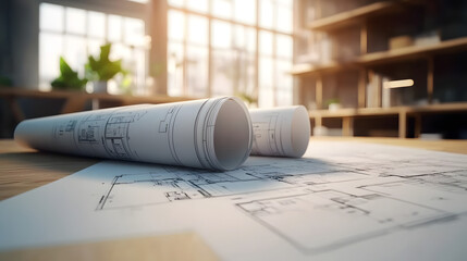 Architect rolls and architectural plan with technical project drawings, highlighting a professional planning and design environment.