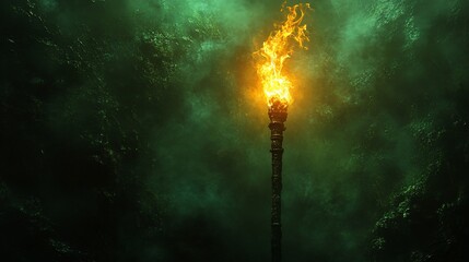 Fototapeta premium Glowing torch burning brightly in a dark, smoky cave.