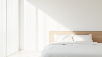 Modern bedroom with a large window on the left side. the window has white vertical blinds that are open, allowing natural light to enter the room.