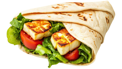 A soft pita wrap with grilled halloumi cheese and fresh vegetables