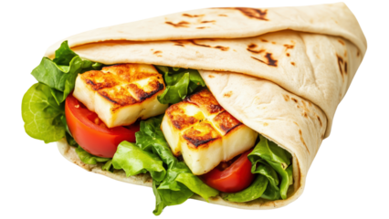 A soft pita wrap with grilled halloumi cheese and fresh vegetables
