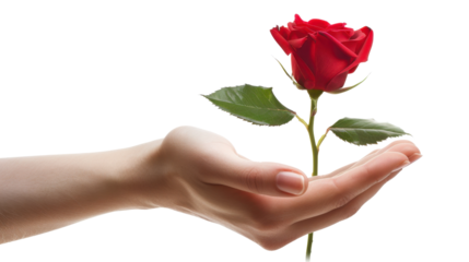 Woman holding a red rose on transparent background