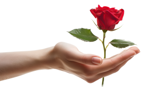 Woman holding a red rose on transparent background
