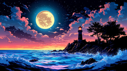 Moonlit Lighthouse on Rocky Shore &ndash; Night Seascape with Full Moon and Ocean Waves