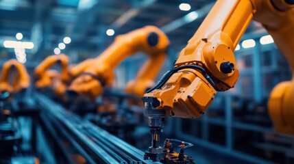 Automated manufacturing: Orange robotic arms working in modern factory setting