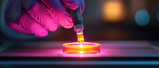 Gloved Hand Handling Sample in Vibrant Laboratory Setting with Vivid Pink and Orange Lighting