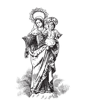 Our Lady of Mount Carmel Illustration Virgin Mary and Child Jesus Catholic religious vector