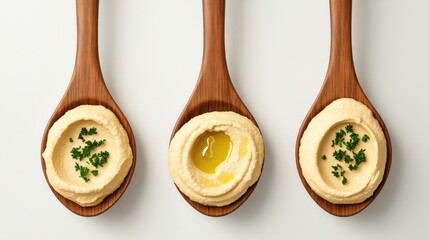 Three Wooden Spoons with Different Hummus Variations Displayed