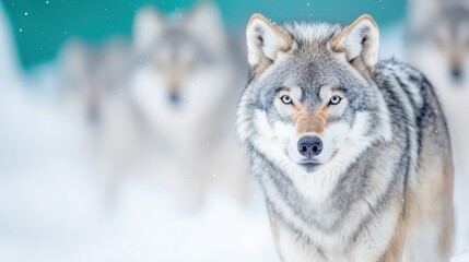 Fototapeta premium Majestic Wolf Standing Strong in a Snowy Landscape with Others Nearby