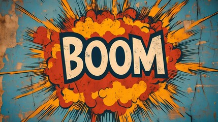 Colorful boom explosion with motion lines, dramatic sound effect, and high-energy visual impact, ideal for retro comic designs, graphic novel illustration