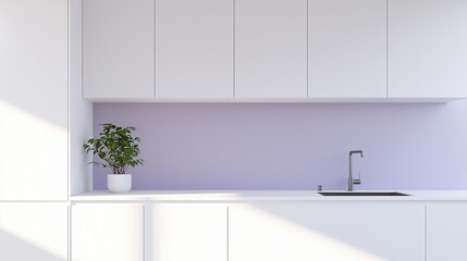 Modern kitchen with white cabinets and a purple wall. the kitchen has a white countertop with a sink and a faucet on the right side.