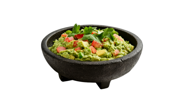 Delicious guacamole in a traditional bowl on a transparent background