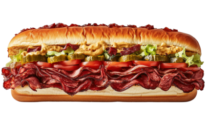 A submarine sandwich filled with fresh deli meats, lettuce, tomatoes, and pickles on a hoagie roll