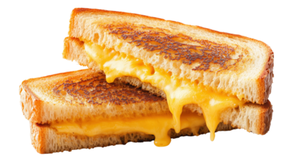 A gourmet grilled cheese sandwich with golden, crispy bread and gooey melted cheese oozing out