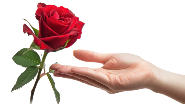 Woman hand showing red rose with transparent background