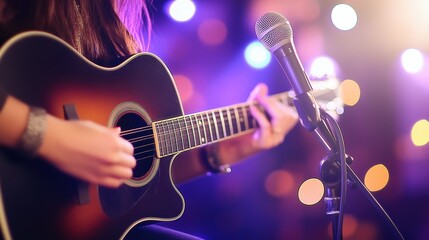 Obraz premium A close-up of a person playing an acoustic guitar, with a microphone nearby and a vibrant, blurred background of colorful lights.