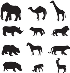 Wildlife animals vector set in natural habitat lion, tiger, elephant, zebra, giraffe, deer, bear, wolf, fox, monkey, leopard, eagle, owl, rhino, nature, safari, jungle, forest, exotic vector design