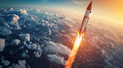 Flying rocket in space over planet Earth