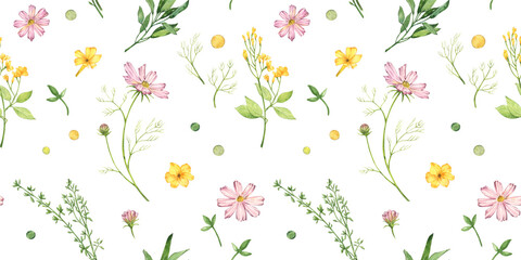 Obraz premium Flower seamless pattern. Hand painted watercolor illustration on white background.