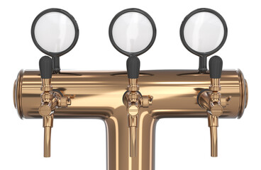 Close-up of beer pump tower with three taps, handles and led medallions. 3d illustration isolated on white