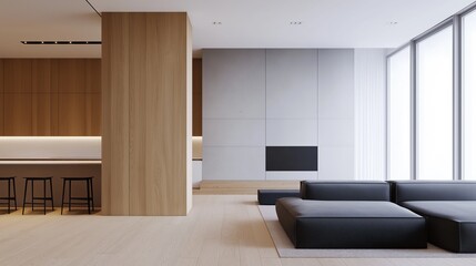 Fototapeta premium Modern living room with a minimalist design. the room has a large window on the right side, allowing natural light to enter the space.