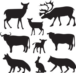 Wildlife animals vector set in natural habitat lion, tiger, elephant, zebra, giraffe, deer, bear, wolf, fox, monkey, leopard, eagle, owl, rhino, nature, safari, jungle, forest, exotic vector design