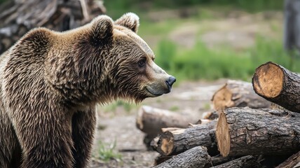 Obraz premium A bear gazes sadly at a pile of logs where its den once stood, eyes filled with emotion, quiet forest background, muted earthy tones.